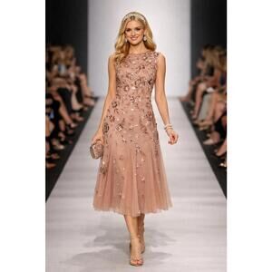 Adrianna Papell  3D Floral Embellished Mesh Midi Dress sz 6 Rose Gold Gala $400